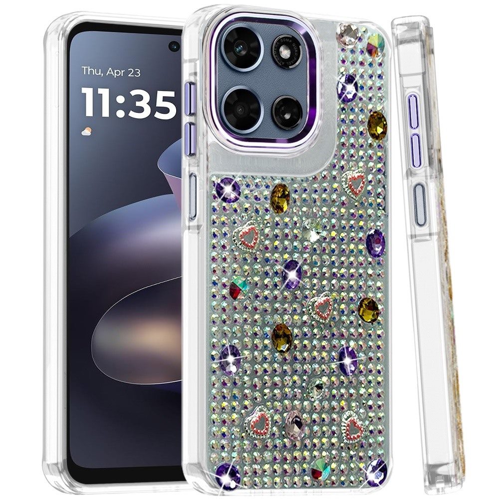 Phone Case for Motorola Moto G Play 5G 2026 Chrome Fashion Hybrid Bling Diamond Heart Rhinestone Decorative Stones Sparkling Embellished Design Cover Purple