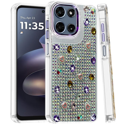 Phone Case for Motorola Moto G Play 5G 2026 Chrome Fashion Hybrid Bling Diamond Heart Rhinestone Decorative Stones Sparkling Embellished Design Cover Purple
