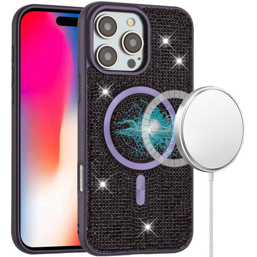 Phone Case for Apple iPhone 16 Pro Magnetic Bling Diamond Sparkle Hybrid Shockproof Rugged Grip Durable Protection Anti-Slip Armor Design Cover Purple