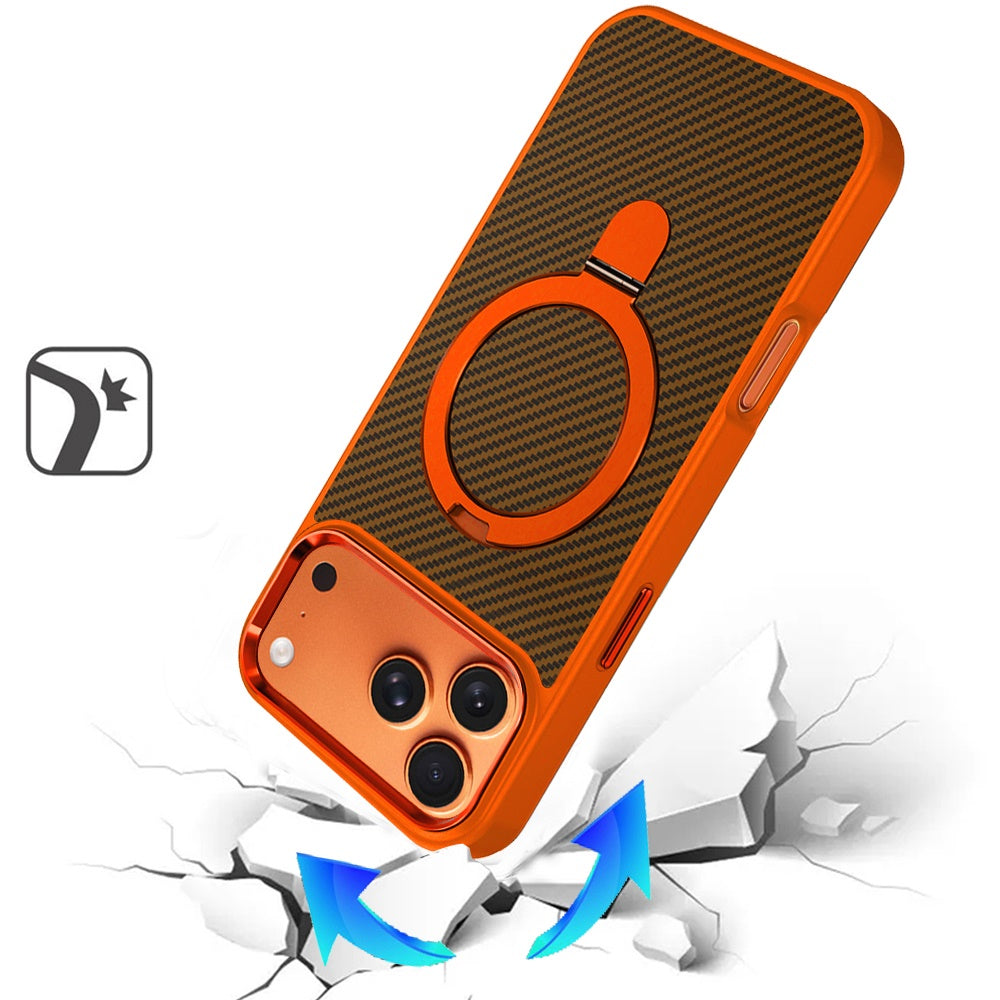 Phone Case for Apple iPhone 17 Pro Carbon Fiber Magnetic Ring Stand Hybrid Shockproof AntiSlip Grip Kickstand Military Drop Protection Matte Finish Cover Cosmic Orange