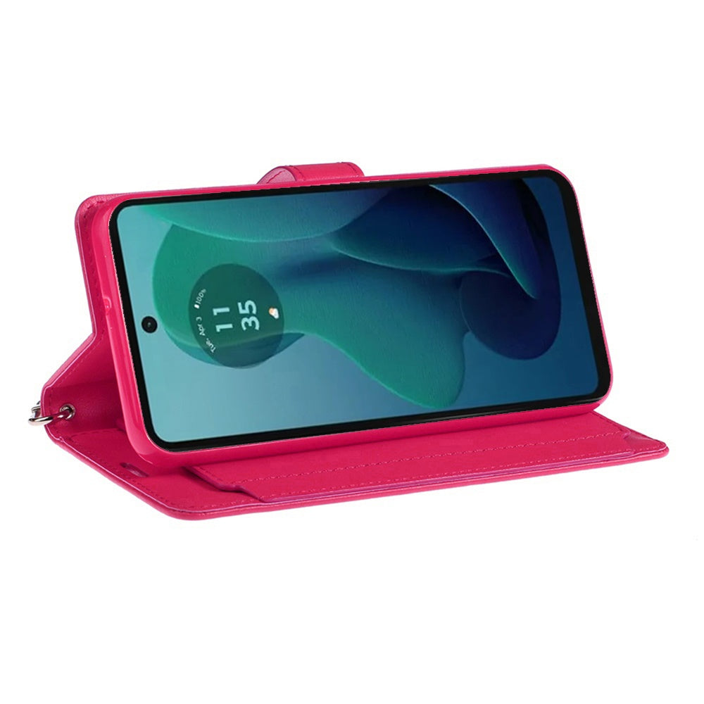 For Motorola Moto G 5G 2024 Premium Leather Wallet with Credit Card ID Slots Cash Holder, Duo Flip Pouch, Stand Function & Strap Case Cover Hotpink