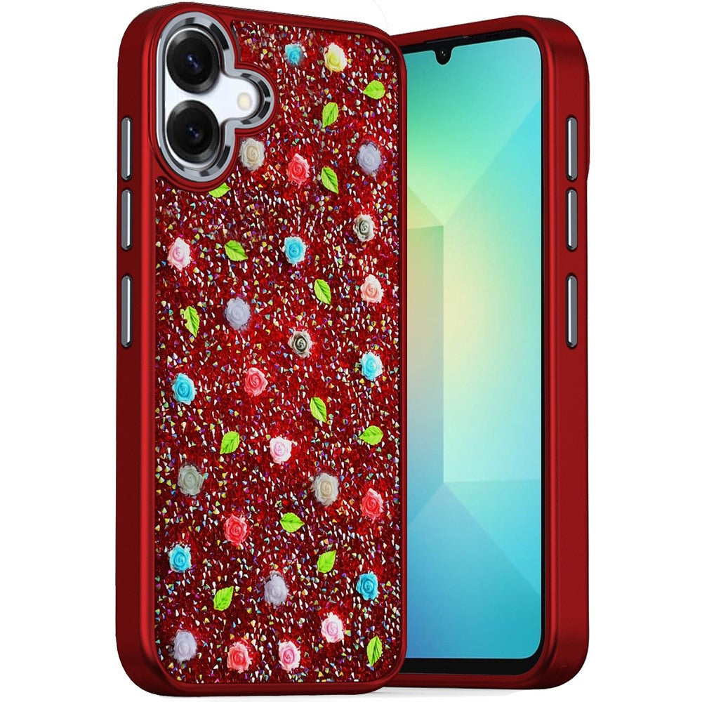 For Apple iPhone 16 (6.1") Floral Design Embedded Glass Diamond Fancy Fashion Glitter Bling Sparkly Hybrid Rugged TPU Bumper Case Cover