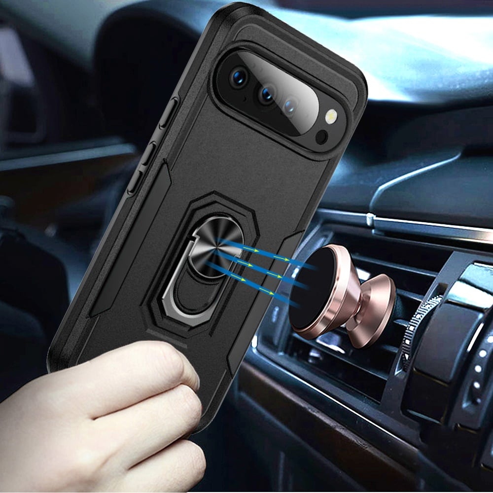For Google Pixel 10 / 10 Pro Hybrid Rugged Tough 2in1 Drop-Proof Protection Military Grade Armor with Metal Ring Stand Case Cover