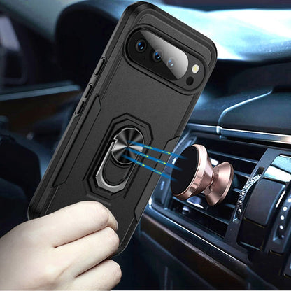 For Google Pixel 10 / 10 Pro Hybrid Rugged Tough 2in1 Drop-Proof Protection Military Grade Armor with Metal Ring Stand Case Cover