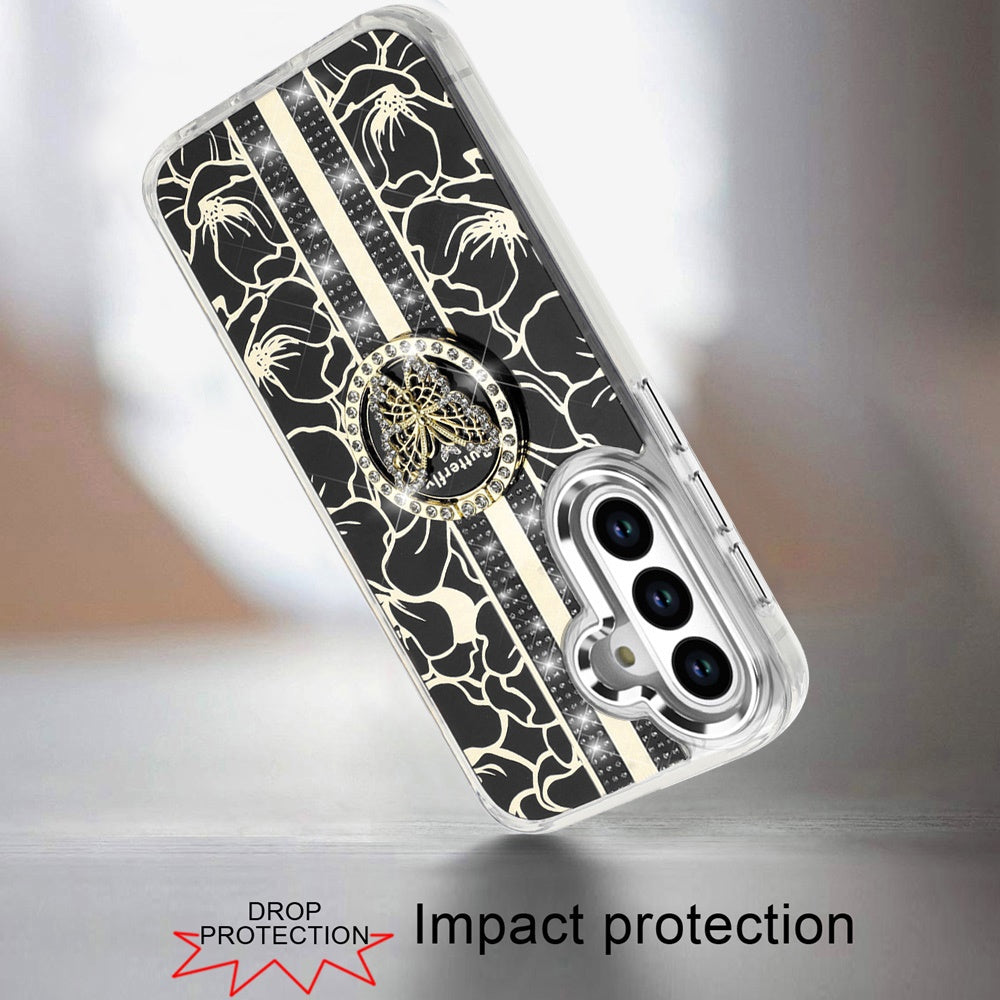 For Samsung Galaxy S26+ / S26 Plus Diamonds 3D Butterfly Floral Design Bling Sparkly Glitter Hybrid Metal Fashion with Ring Stand Case Cover