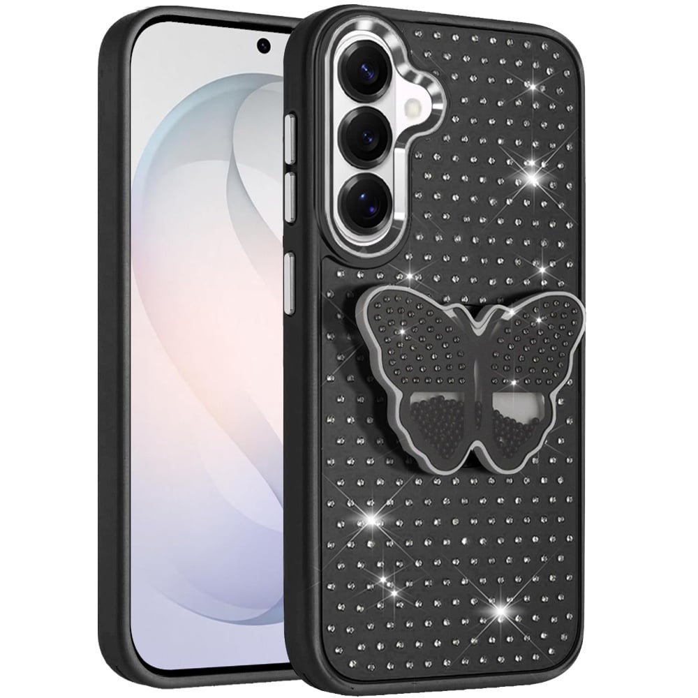 Phone Case for Samsung Galaxy S26 FE /Fan Edition Butterfly Grip Pop Stand Diamond Sparkle Hybrid Shockproof Metal Button Slim Protective Grip Decorative Design Cover