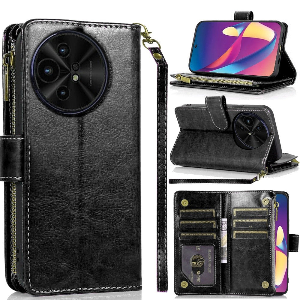 For T-Mobile Revvl 7 5G Leather Zipper Wallet Case 9 Credit Card Slots Cash Money Pocket Clutch Pouch Stand & Strap Case Cover Black