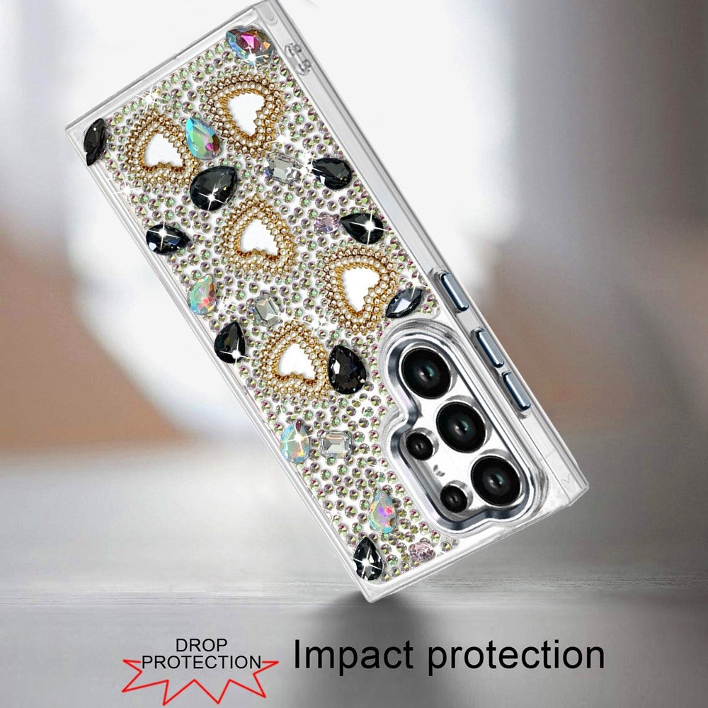 Phone Case for Samsung Galaxy S24 Ultra Luxury Crystal Heart Rhinestone Diamond Bling Shockproof Hybrid Glitter Protective Stylish Durable Grip Cover