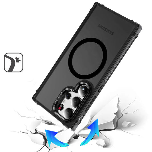 Phone Case for Samsung Galaxy S23 Ultra Shatterproof Style Metal Camera Stand Magnetic Circle Colorful Edge Bar Rugged Design Surround Accent Detail Cover Black