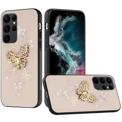 For Samsung Galaxy S24 FE Diamonds 3D Butterfly Bling Sparkly Glitter Ornaments Engraving Hybrid Metal Fashion Case Cover Gold Garden Butterflies