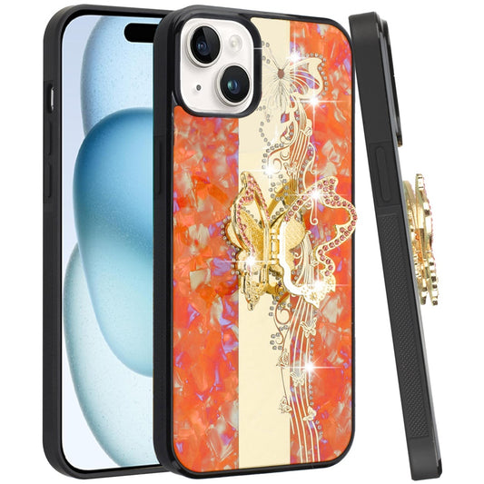 Phone Case for iPhone 15 (6.1") Diamond Glitter Butterfly Engraved Ring Stand Luxury Bling Hybrid Shockproof Chrome Edge Protective Durable Grip Cover Enchabted Butterfly Cosmic Orange