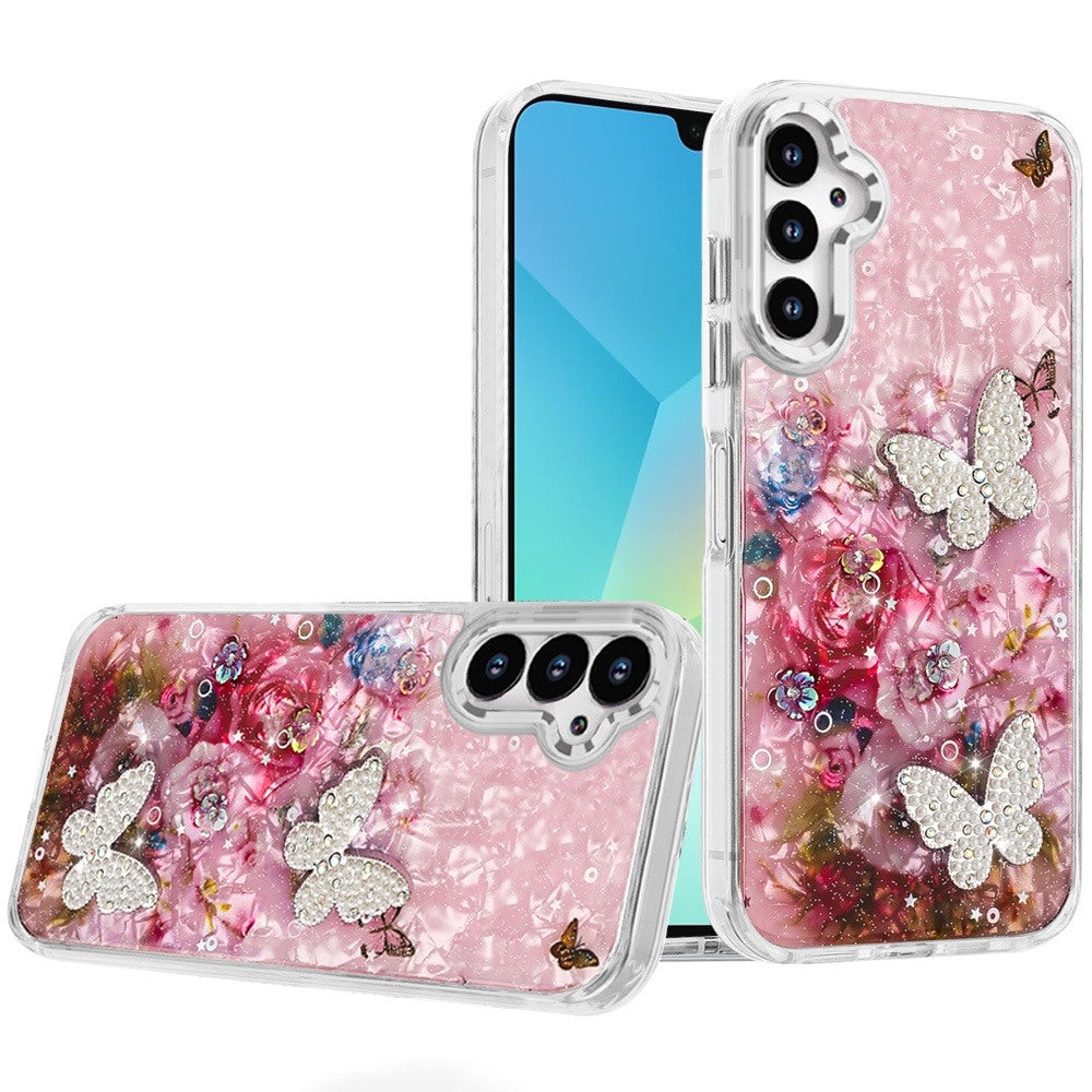 For Samsung Galaxy A37 Epoxy Glitter Flowers Bling 3D Butterfly Fashion TPU Hybrid with Shockproof Protection Case Cover