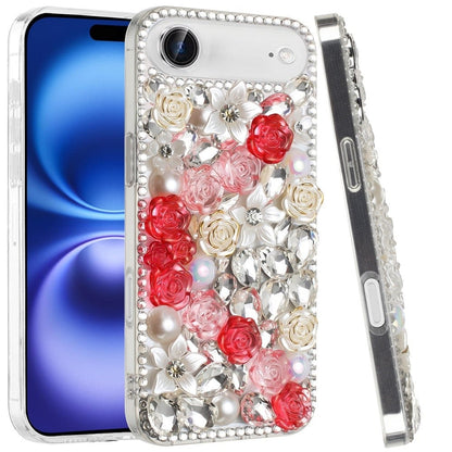 For Apple iPhone 17 Air (6.6") Fashion Rose Flower Floral Bling Crystal 3D Full Diamonds Pearl Sparkle Rhinestone Glitter Hybrid Case Cover