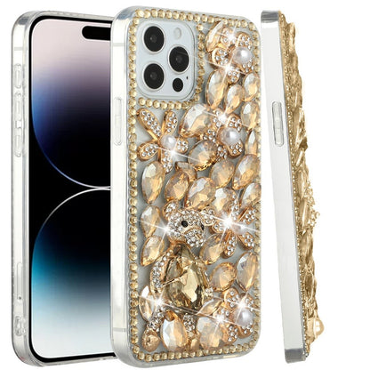 Phone Case for Apple iPhone 14 Pro Max Luxury Full Diamond Glitter 3D Floral Ornament Hybrid Shockproof Stylish Rhinestone Designer Protective Elegant Cover