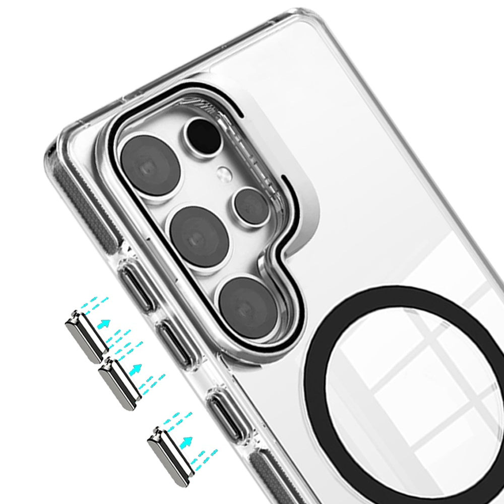 Phone Case for Samsung Galaxy S24 Ultra Magnetic Circle Transparent Tough Hybrid Camera Stand Guard Stand Shockproof Color Edge Rugged Grip Cover Black