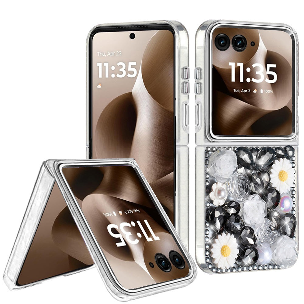 For Motorola Razr Ultra 2025 Fashion Daisy Floral Series, Full 3D Bling Crystal Diamonds Sparkling Rhinestone Glitter Hybrid Design Case Cover