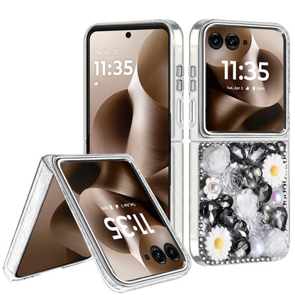 For Motorola Razr Ultra 2025 Fashion Daisy Floral Series, Full 3D Bling Crystal Diamonds Sparkling Rhinestone Glitter Hybrid Design Case Cover