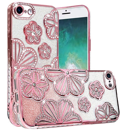For Apple iPhone 17E /16E Luxury Flower Design Sparkle Glitter Diamond Rhinestone Shimmer Bling Plating Thick TPU Hard PC Case Cover