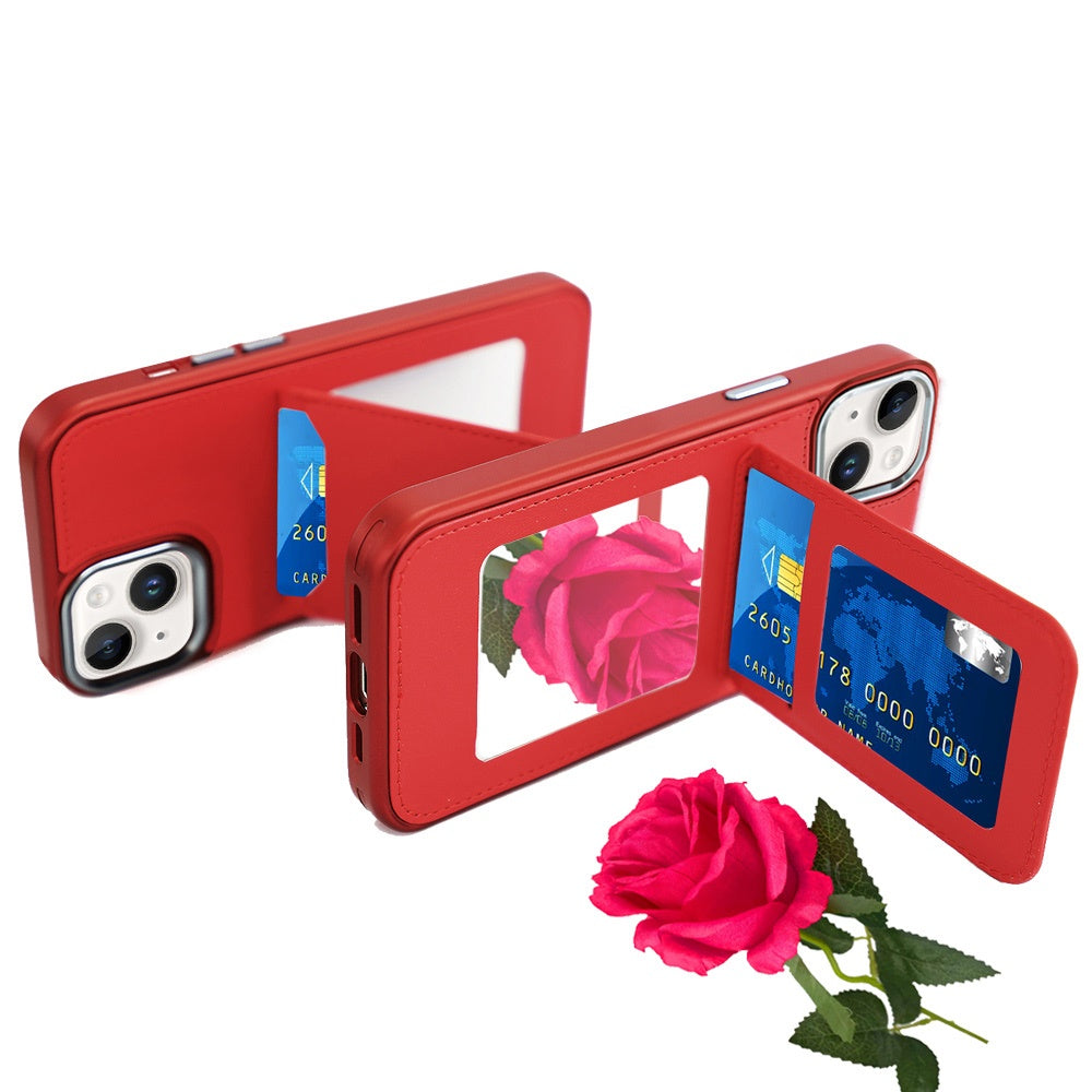 For Apple iPhone 14 /13 PU Leather Wallet Cover with Credit Card Holder, Kickstand & Mirror Inside Slim Fit TPU & PC Hybrid Design Case Cover