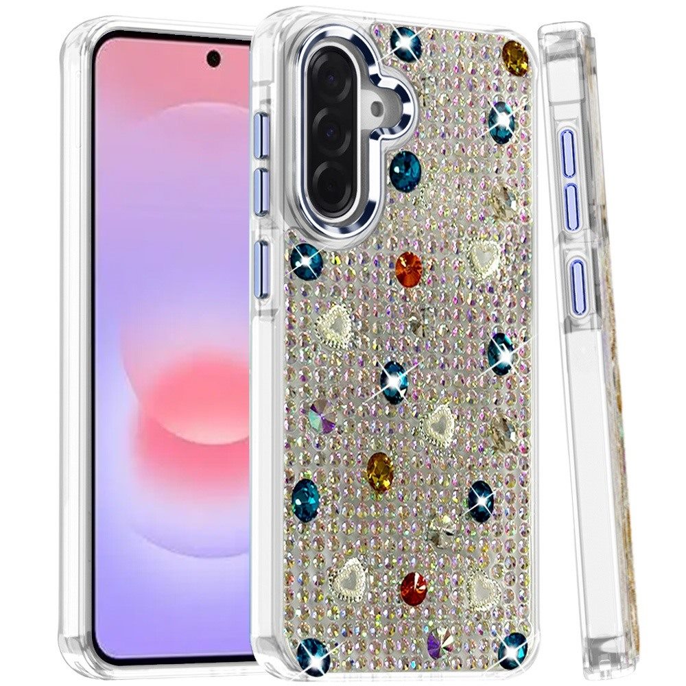 Phone Case for Samsung Galaxy A37 Chrome Fashion Hybrid Bling Diamond Heart Rhinestone Decorative Stones Sparkling Embellished Design Cover