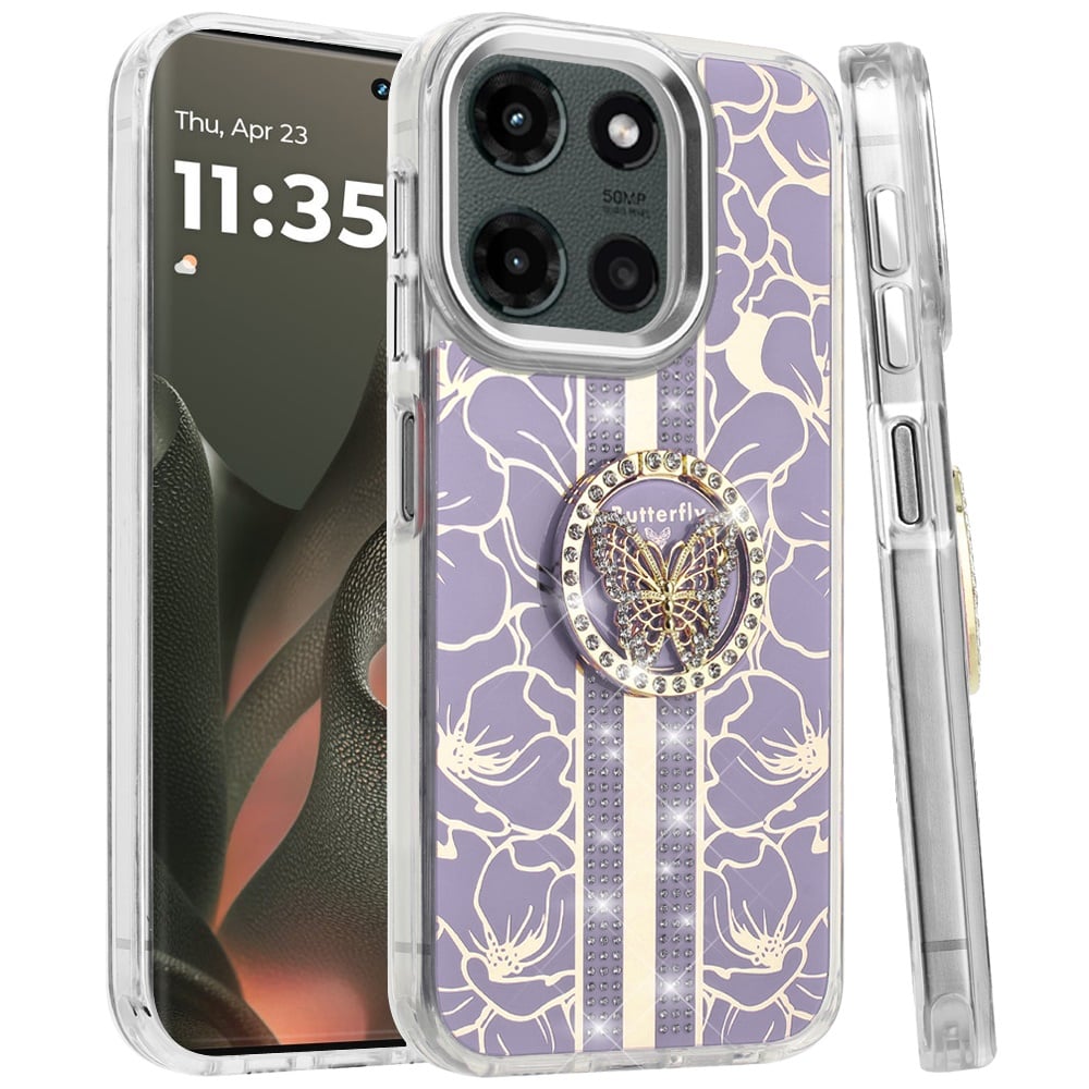 For Motorola Edge 2025 Diamonds 3D Butterfly Floral Design Bling Sparkly Glitter Hybrid Metal Fashion with Ring Stand Case Cover