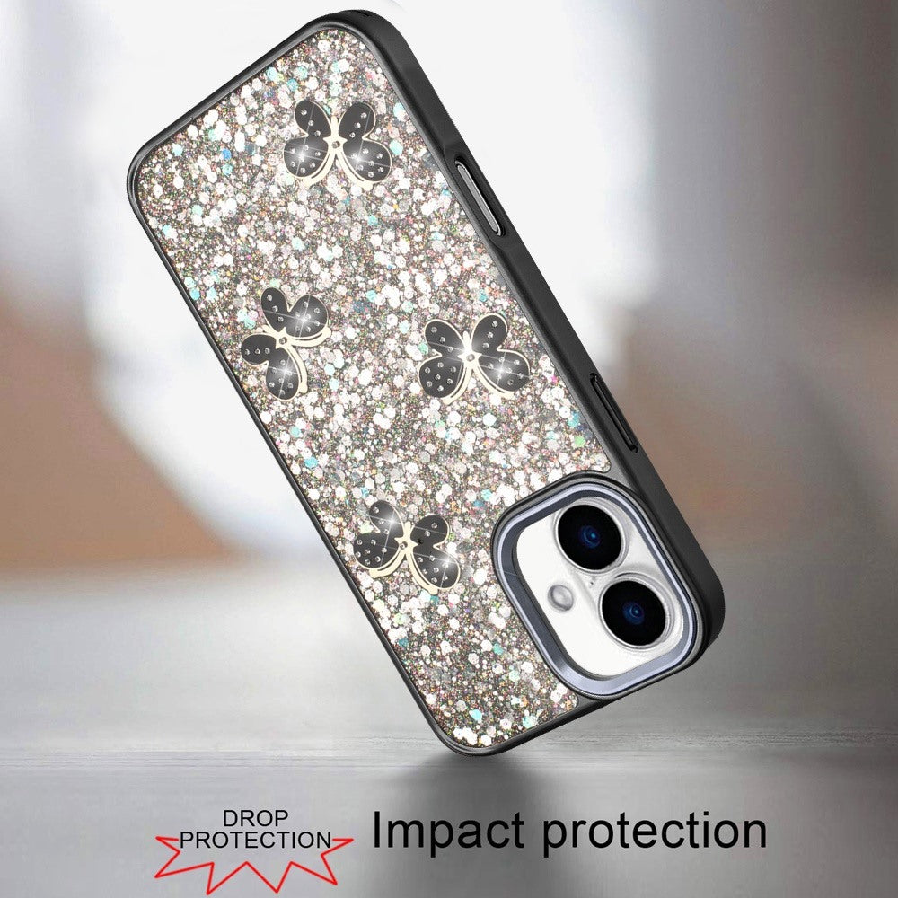 For Apple iPhone 17 (6.3") Cute Butterfly Crystal Diamond Glitter Case Sparkle Bling Frame Metallic Edges, Shimmer TPU Hybrid Case Cover