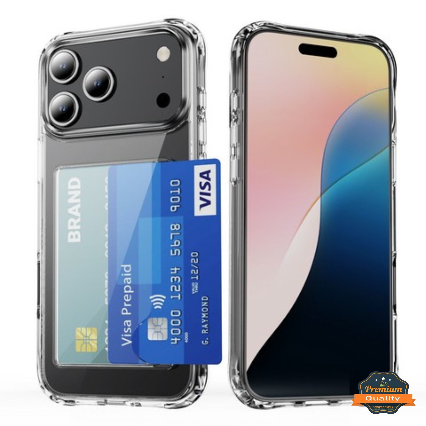 For Apple iPhone 17 Pro Acrylic TPU Clear Case Hold 2 Credit Card Slots, Slim Protective Wallet Cover Silicone Hybrid Case Cover Clear
