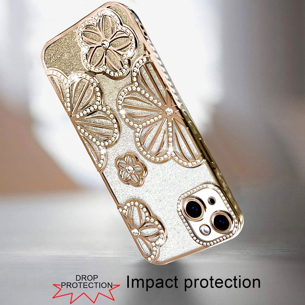 Phone Case for Apple iPhone 14/13 Shimmer Glitter Floral Thick TPU Shockproof Durable Grip Camera Protection Anti-Scratch Stylish Design Cover Gold