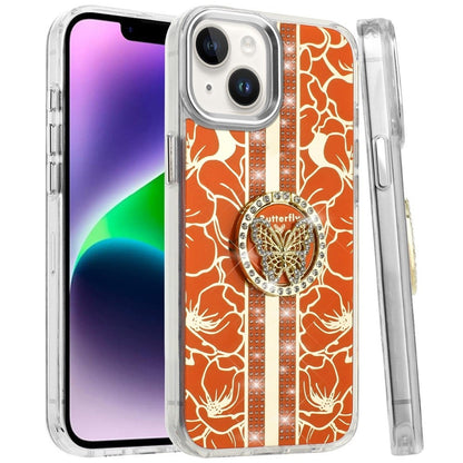 For iPhone 14/13 (6.1") Diamonds 3D Butterfly Floral Design Bling Sparkly Glitter Hybrid Metal Fashion with Ring Stand Case Cover Cosmic Orange