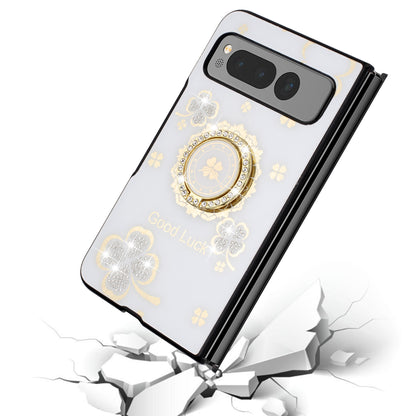 For Samsung Galaxy Z Flip 7 FE Diamonds 3D Fashion Floral Bling Sparkly Glitter Ornaments Engraving Hybrid with Ring Stand Case Cover White Good Luck Floral