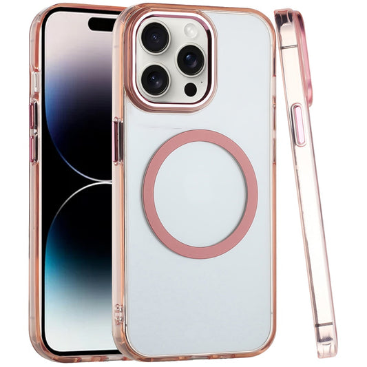 Phone Case for Apple iPhone 14 Pro Magnetic Clear Acrylic Metal Button Camera Guard Shockproof Transparent Slim Grip Premium Hybrid Cover Rose Gold