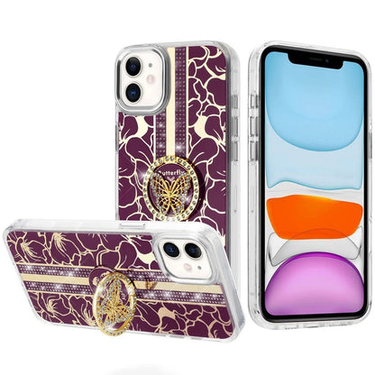 Phone Case for Apple iPhone 11 Floral Butterfly Ring Stand Glitter Bling Shockproof Hybrid Luxury Fashion Protective Anti Slip Durable Grip Cover Purple