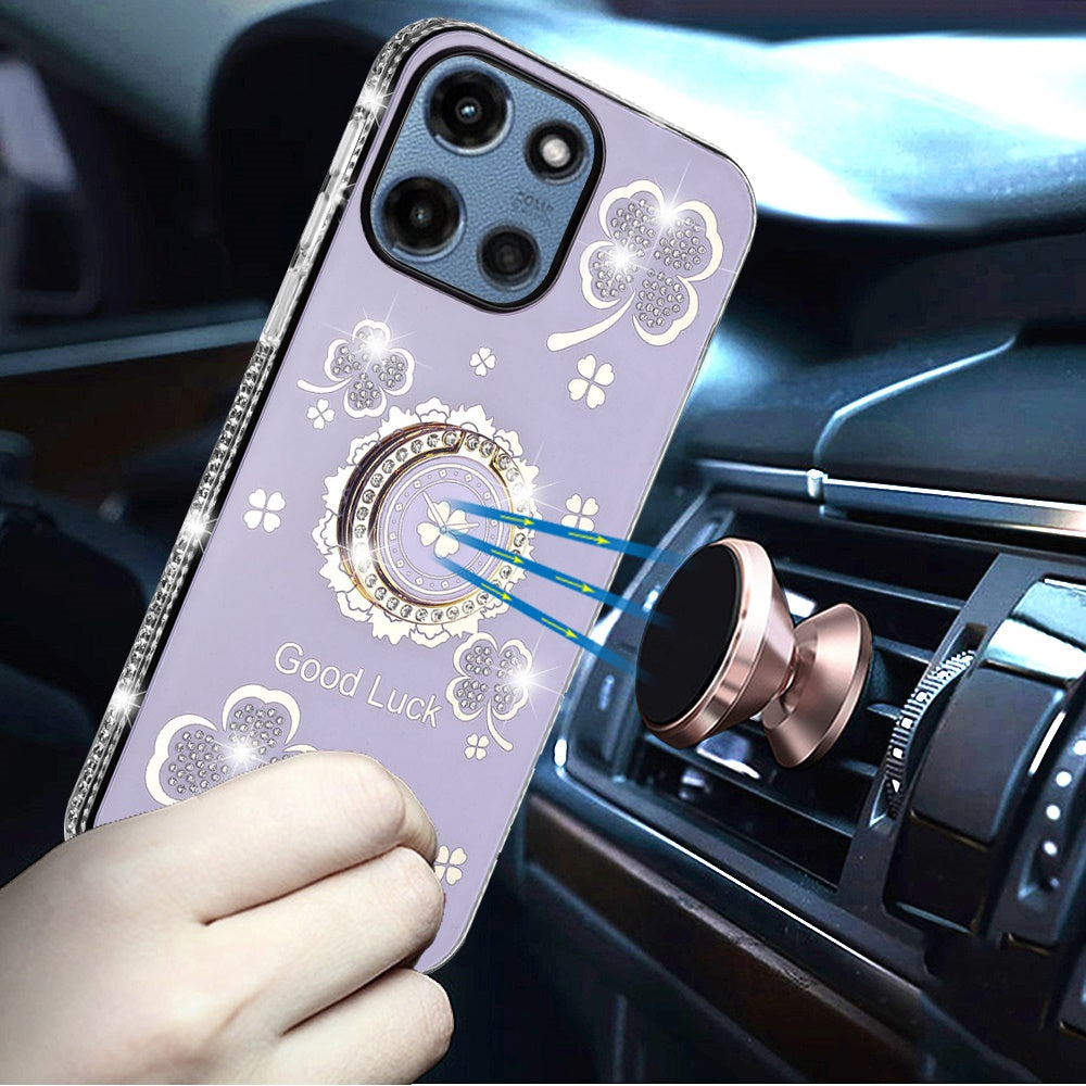 For Motorola Moto G Power 5G 2025 Diamonds Bling All Around Edges Sparkly Glitter Hybrid with Ring Stand Holder Fashion Good Luck Case Cover