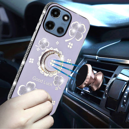 For Motorola Moto G Power 5G 2025 Diamonds Bling All Around Edges Sparkly Glitter Hybrid with Ring Stand Holder Fashion Good Luck Case Cover