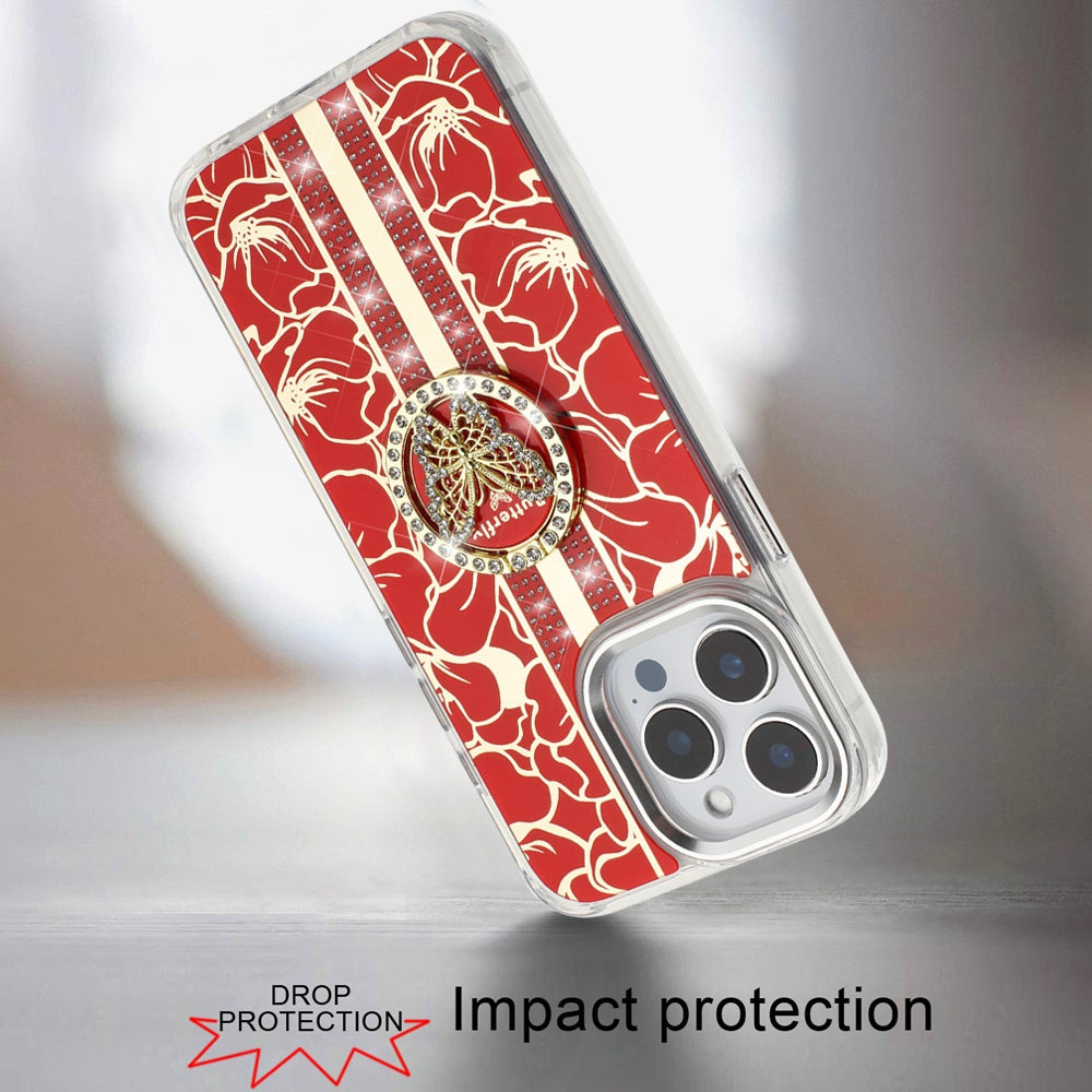 For Apple iPhone 13 Pro Max Diamonds 3D Butterfly Floral Design Bling Sparkly Glitter Hybrid Metal Fashion with Ring Stand Case Cover