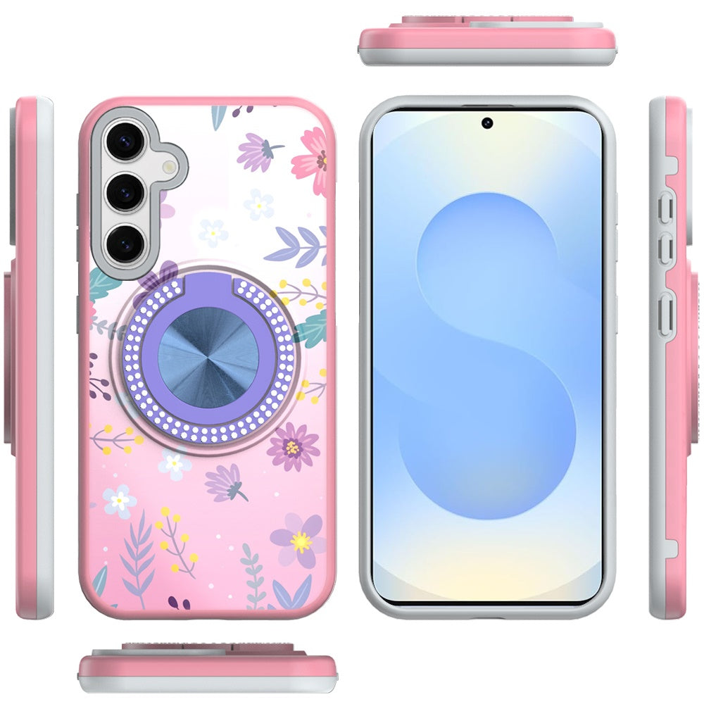 For Samsung Galaxy S25 /S24 Pattern Design Hybrid with Invisible Ring Stand & Magnetic Back, Shockproof Protective Grip Case Cover