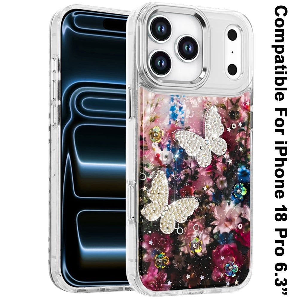 Phone Case for Apple iPhone 18 Pro/ 17 Pro Glitter Butterfly Design Metal Buttons Shockproof Hybrid TPU + PC Durable Protective Slim Grip Stylish Cover