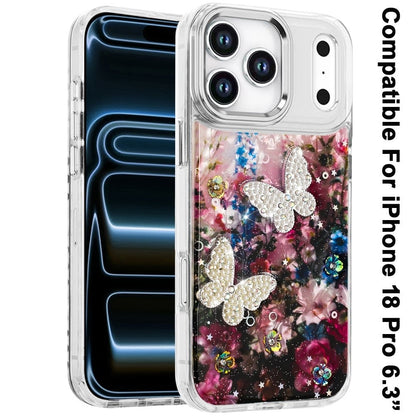Phone Case for Apple iPhone 18 Pro/ 17 Pro Glitter Butterfly Design Metal Buttons Shockproof Hybrid TPU + PC Durable Protective Slim Grip Stylish Cover