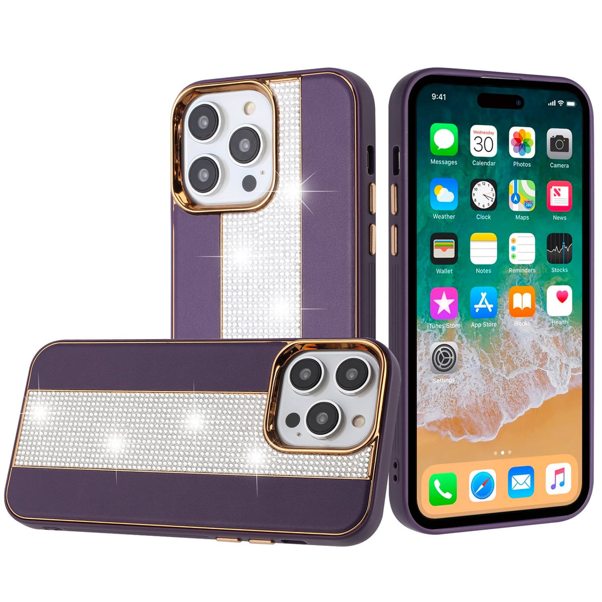 For iPhone 15 Pro (6.1") Flashy Diamond Leather Hybrid Shockproof Protection Chrome Camera Edge Grip Slim Durable Case Cover Dark Purple