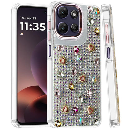 Phone Case for Moto G Power 5G (2026/2025) Chrome Fashion Hybrid Bling Diamond Heart Rhinestone Decorative Stones Sparkling Embellished Design Cover