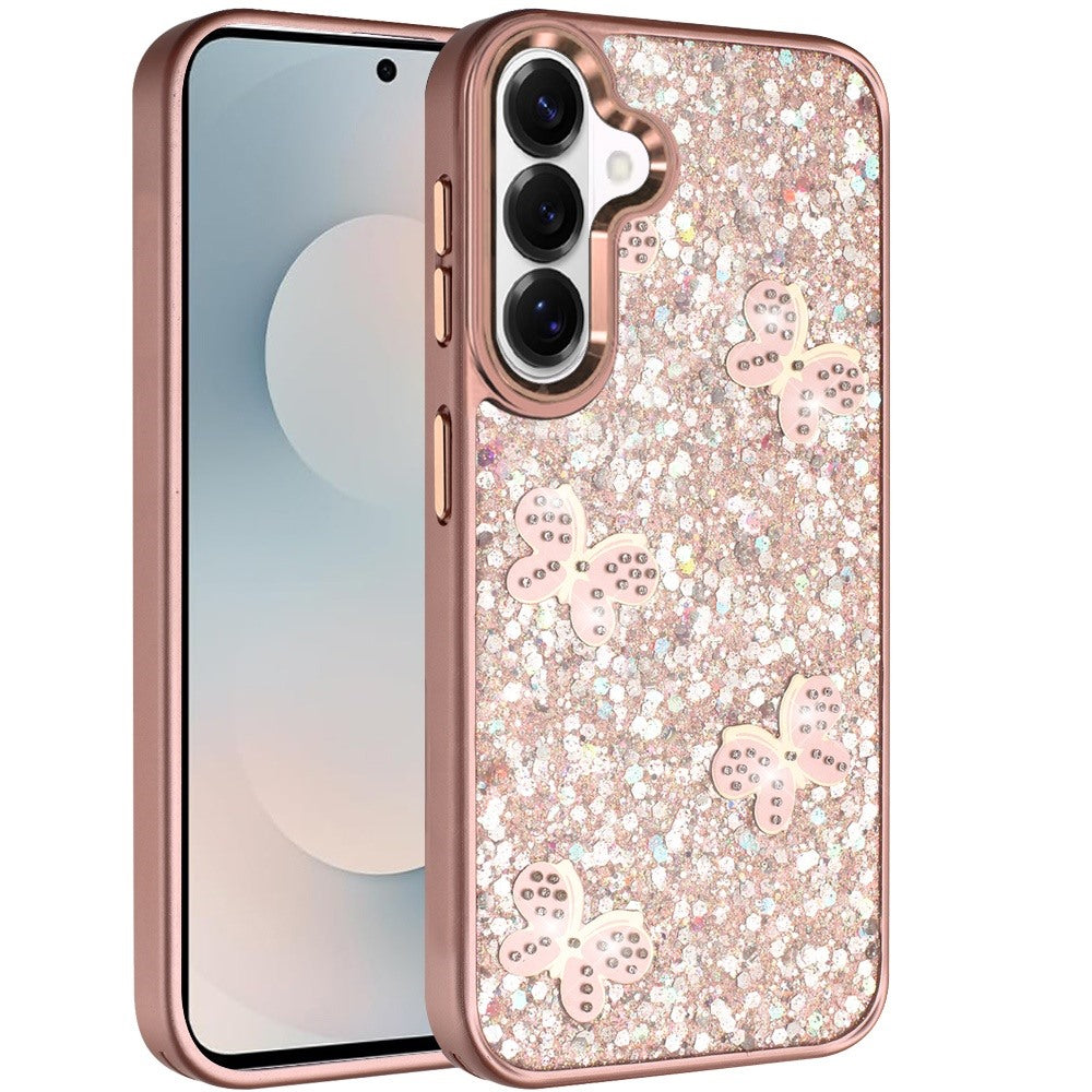 For Samsung Galaxy S26+ / S26 Plus Cute Butterfly Crystal Diamond Glitter Case Sparkle Bling Frame Metallic Edges, Shimmer TPU Hybrid Case Cover