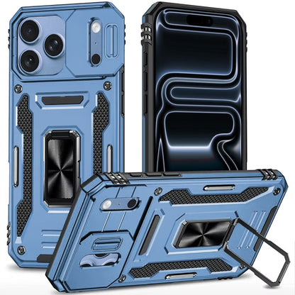 Phone Case for Apple iPhone 18 Pro Tough Metal Ring Shockproof Sliding Camera Window Hybrid Armor Rugged Anti Slip Heavy Duty Grip Cover Blue