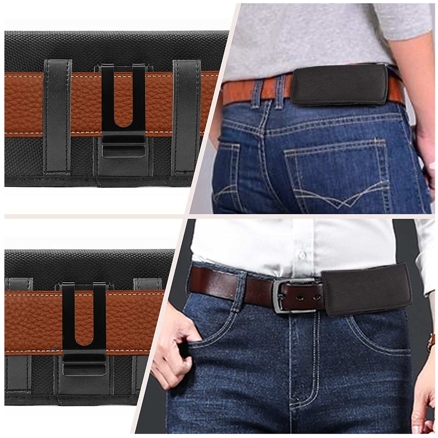 For Apple iPhone 16 Plus (6.7") Pouch Case Universal Horizontal Canvas with Credit Card ID Slot and Belt Clip Loop Holster Cell Phone Holder Cover [Black]