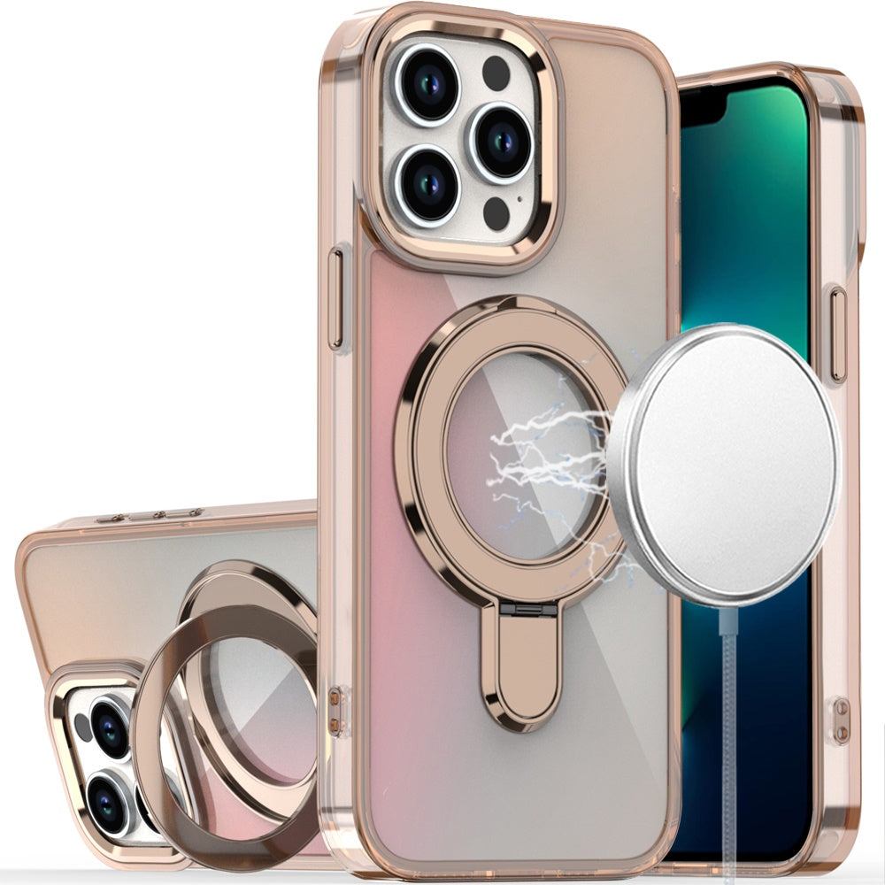 Phone Case for Apple iPhone 13 Pro Max Chrome Magnetic Ring Stand Rotational Shockproof Hybrid Kickstand Metal Finish Rugged Drop Protection Armor Cover Gold
