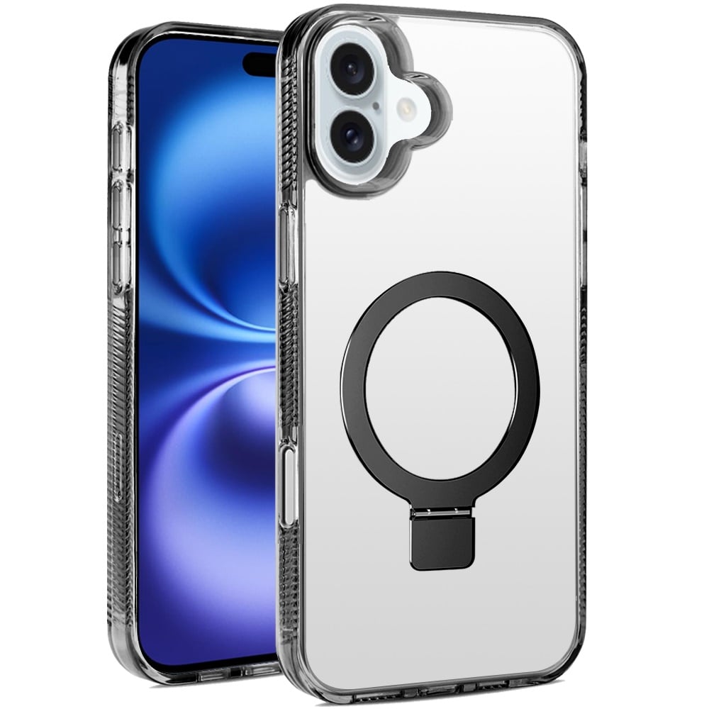 For Apple iPhone 17 (6.3") Transparent Magnetic Ring Circle Stand with MagSafe Compatible Hybrid Dotted Edged Hard PC Shockproof Case Cover Black