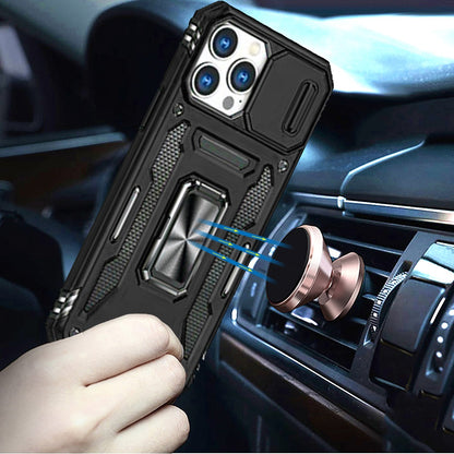 For Apple iPhone 13 Pro Tough Hybrid Case with Movable Camera Window & Metal Ring Stand Shockproof Case Cover