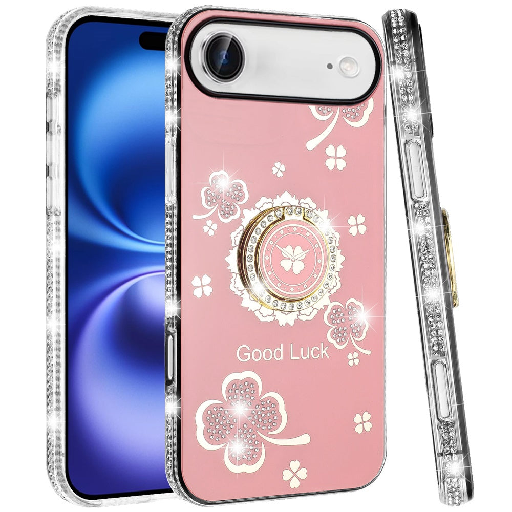 For Apple iPhone 17 Air (6.6") Diamonds Bling All Around Edges Sparkly Glitter Hybrid with Ring Stand Holder Fashion Good Luck Case Cover