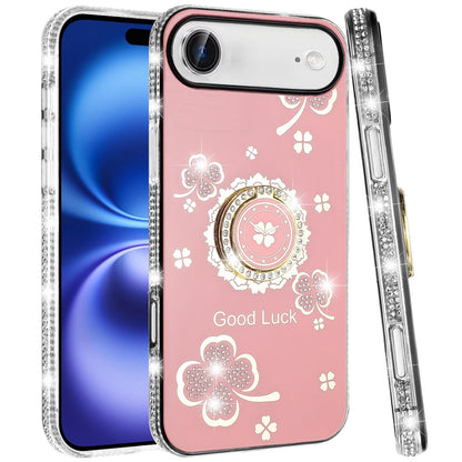 For Apple iPhone 17 Air (6.6") Diamonds Bling All Around Edges Sparkly Glitter Hybrid with Ring Stand Holder Fashion Good Luck Case Cover