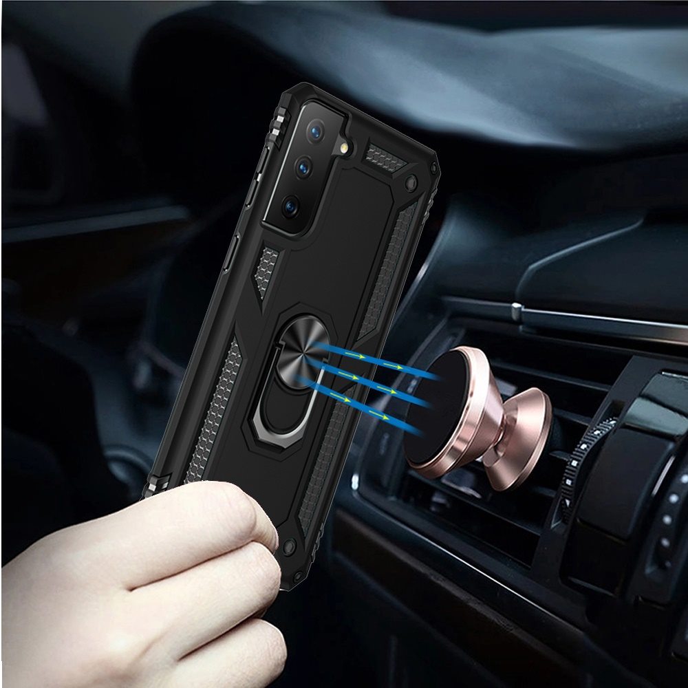 For Samsung Galaxy S21 Ultra Hybrid Shockproof Durable 360 Degree Rotatable Ring Stand Holder Kickstand Fit Magnetic Car Mount Case Cover Black