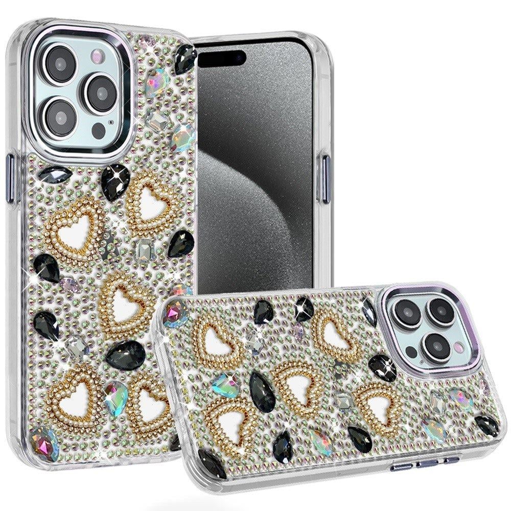 Phone Case for Apple iPhone 15 Pro Max Luxury Crystal Heart Rhinestone Diamond Bling Shockproof Hybrid Glitter Protective Stylish Durable Grip Cover